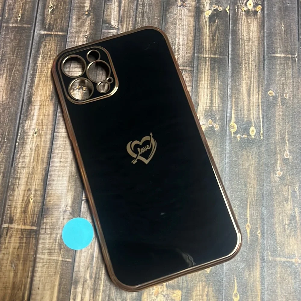 5for$10 Glossy iPhone 12 Silicone Black Phone Case With Gold Trim and Heart